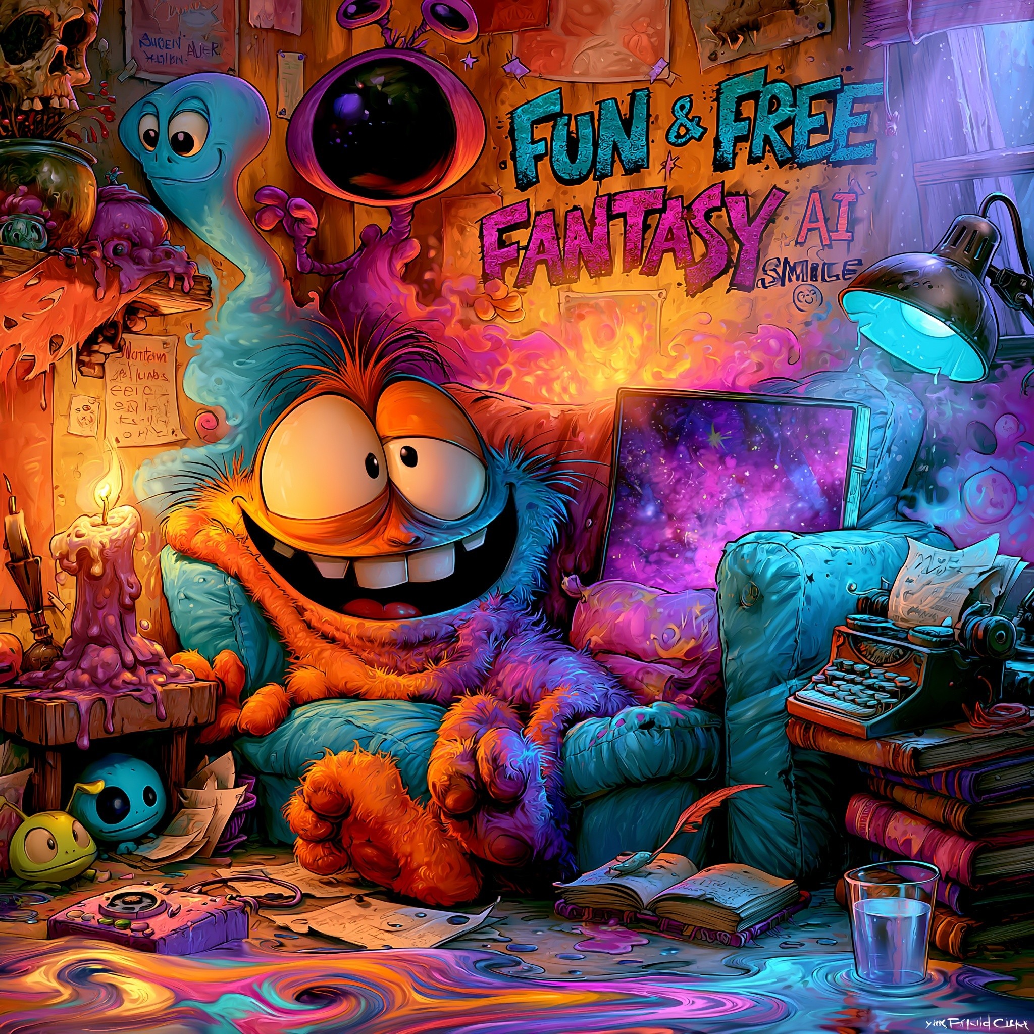 On the wall the words Fun Free Fantasy AI...