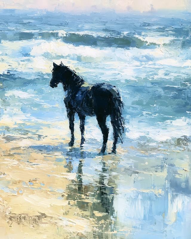 This is a wide-format oil painting of a seaside...