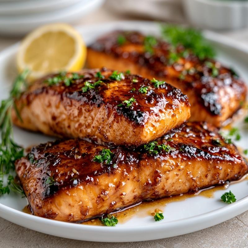 Glossy brown sugar coated salmon fillets with caramelized mahogany...