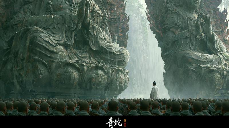 还原徐克1993电影 青蛇电影质感和色调 古寺两侧巨大的佛教石佛像 画面中间无数光头和尚的背影 占据画面下方一半 画面正中的前景 一个白衣文弱的年轻书生...