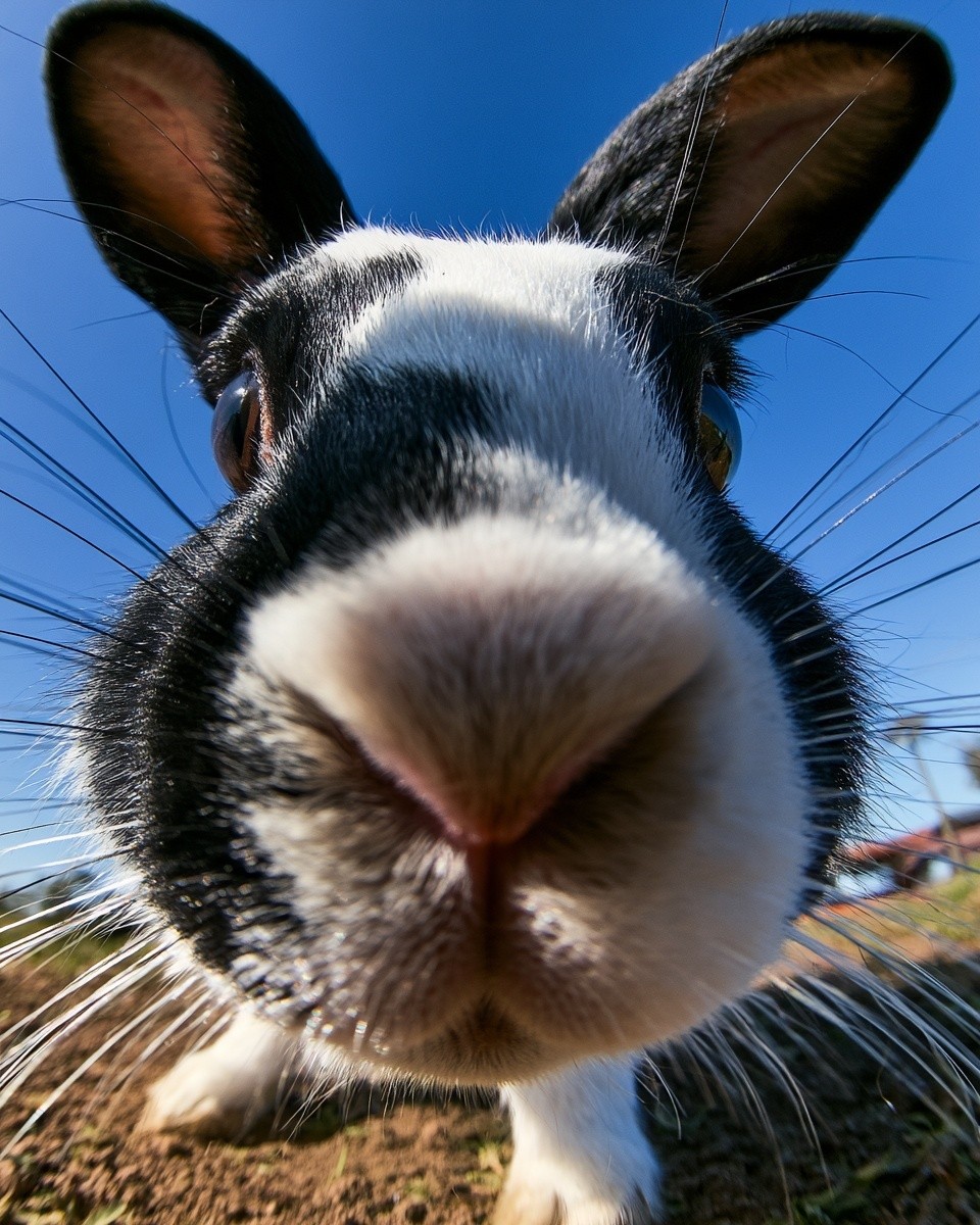 A grumpy black-and-white rabbit ultra wide-angle GoPro selfie 8mm...