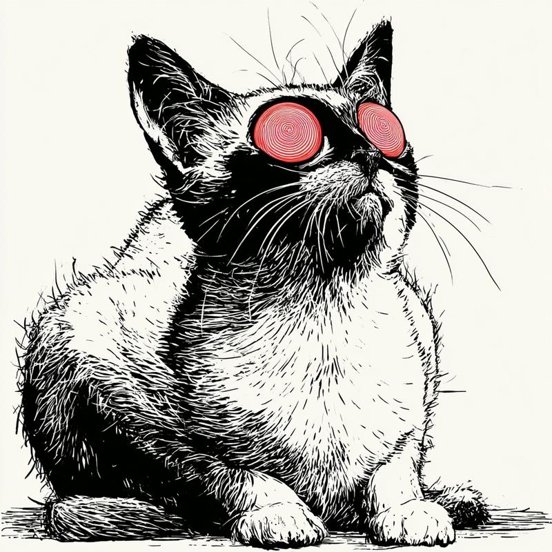 crazy cat hypnotic eyes full body black line art...