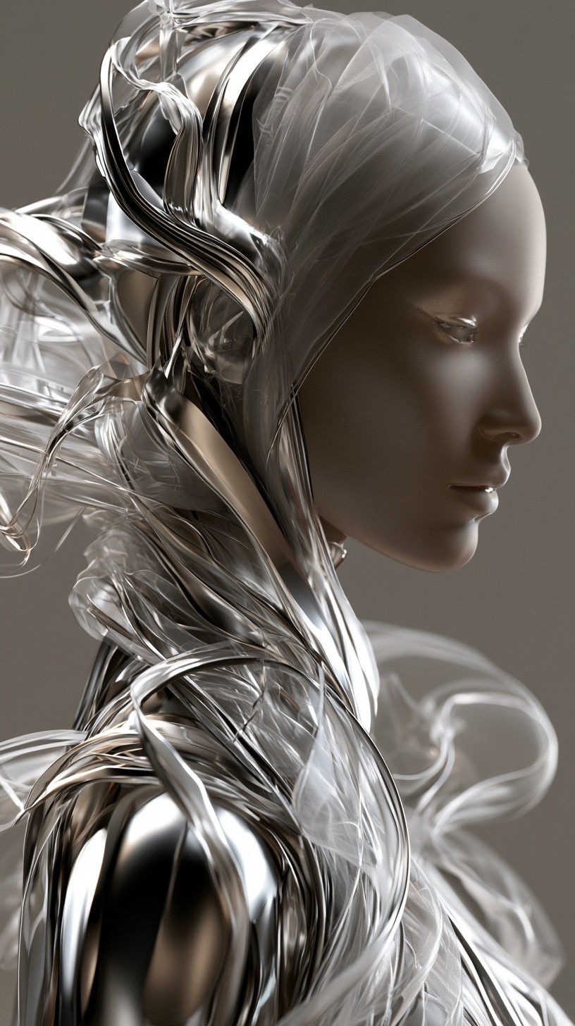 Elegant abstract feminine form in three-quarter profile metallic ribbons...