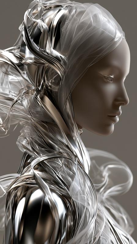 Elegant abstract feminine form in three-quarter profile metallic ribbons...