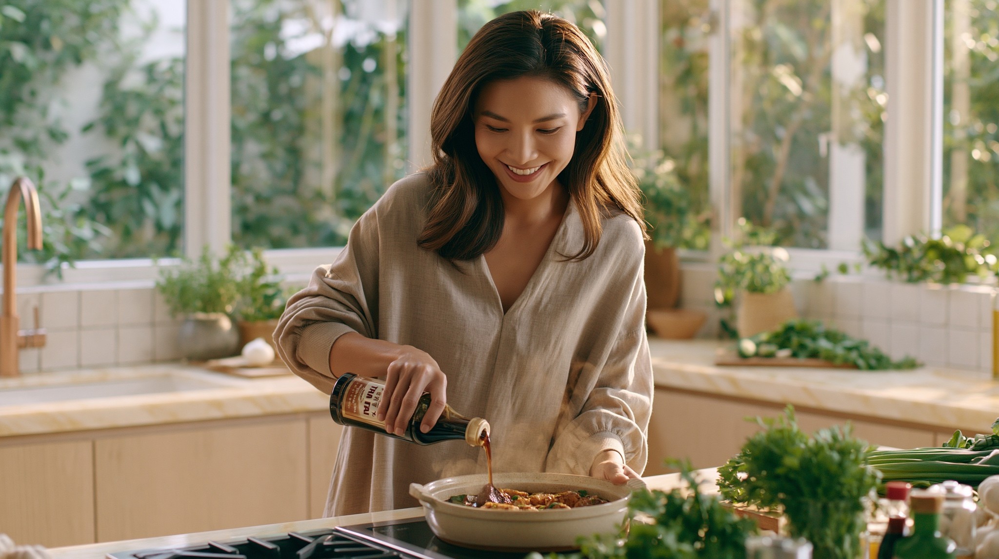 bright clean modern Vietnamese family kitchen young Asian mother...