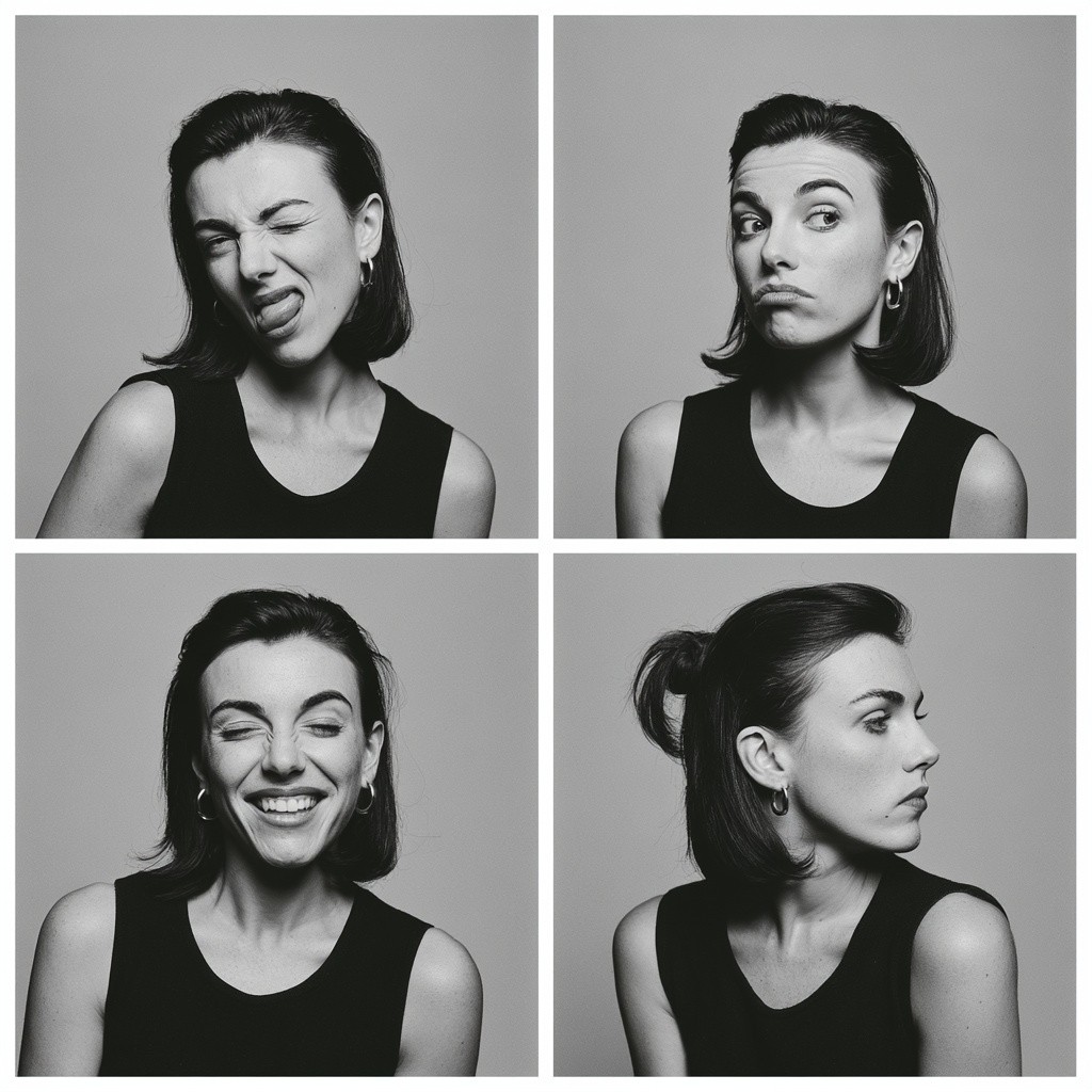 minimalist studio contact sheet portrait of a beautiful woman...