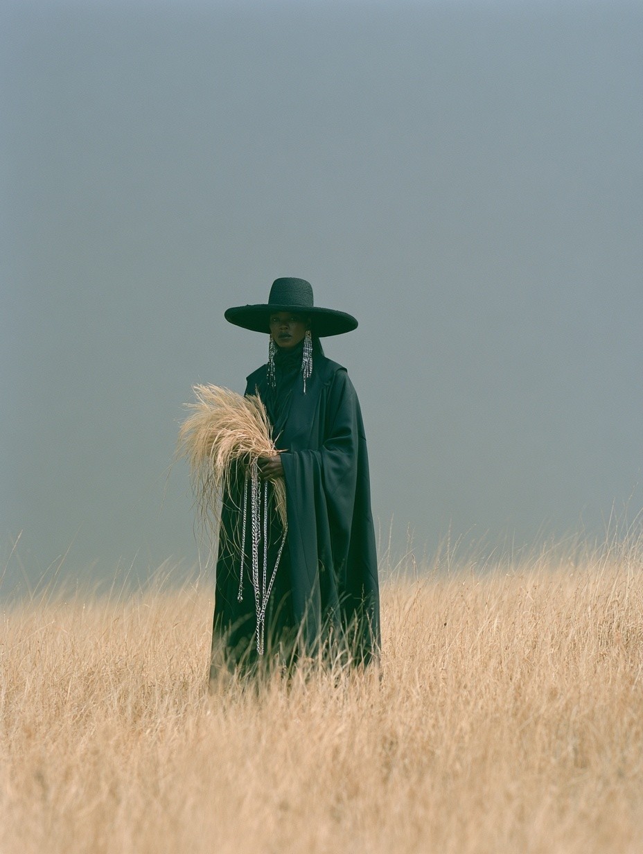 a person in dark attire featuring a prominent wide...
