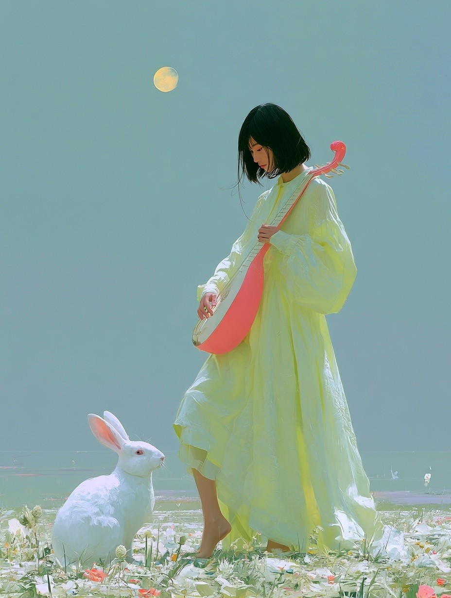 Korean girl Rabbit and moon Rebecca Dautremer style...