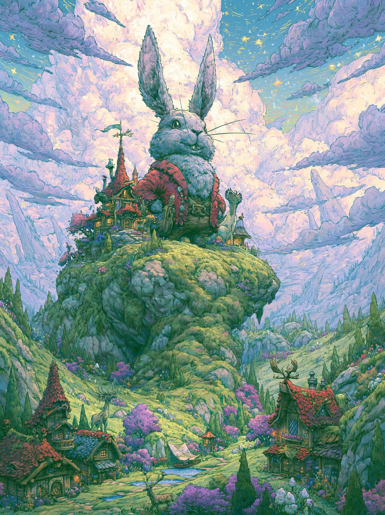 Rabbit mayor presiding over a mossy town in a...
