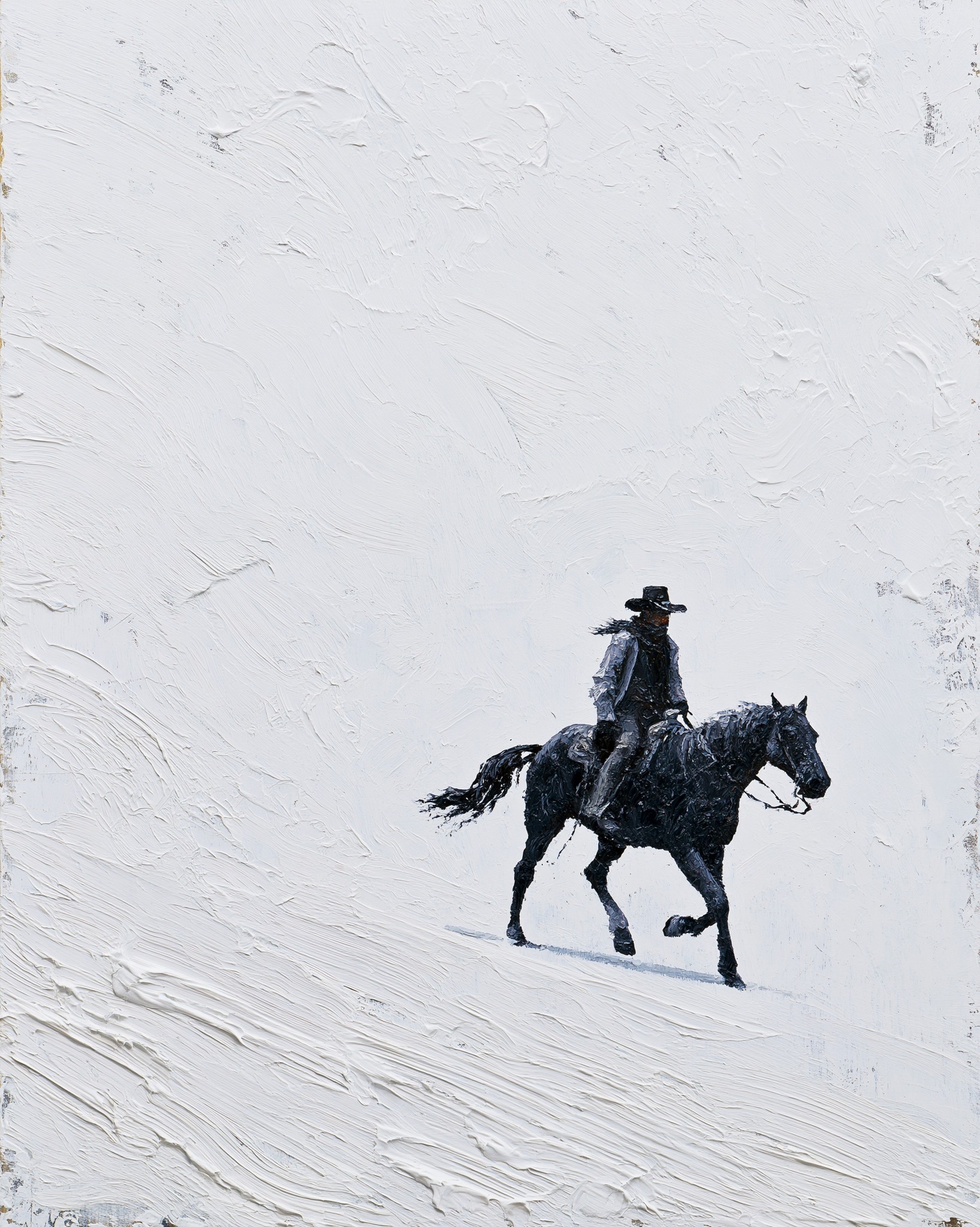 A bold cowboy riding black horse positioned in the...