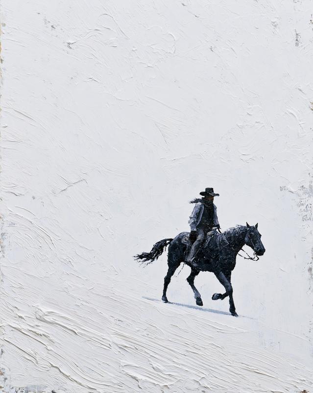 A bold cowboy riding black horse positioned in the...