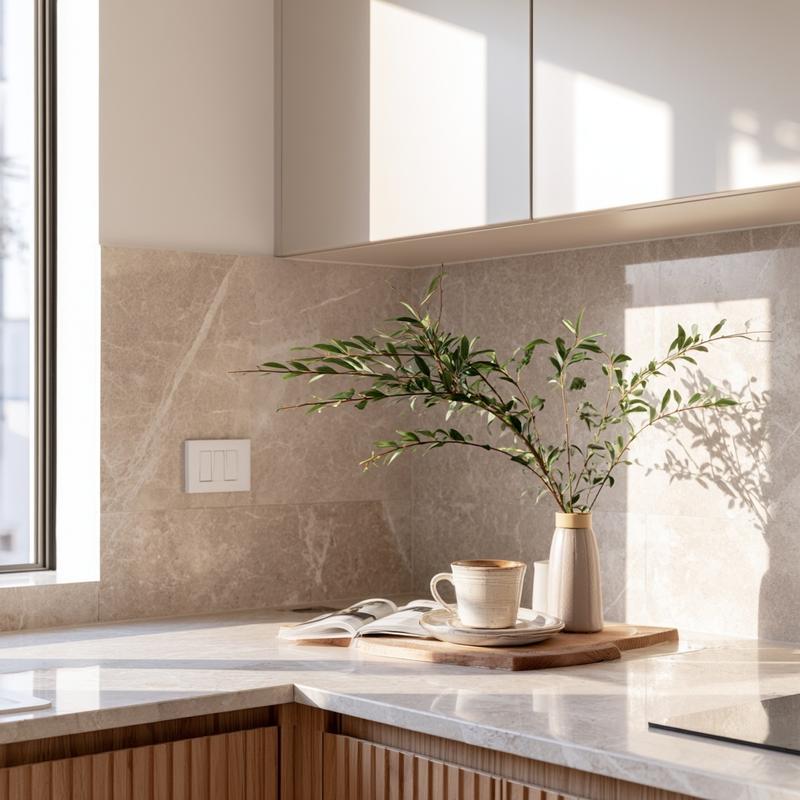 Realistic modern kitchen corner in warm neutral tones marble...
