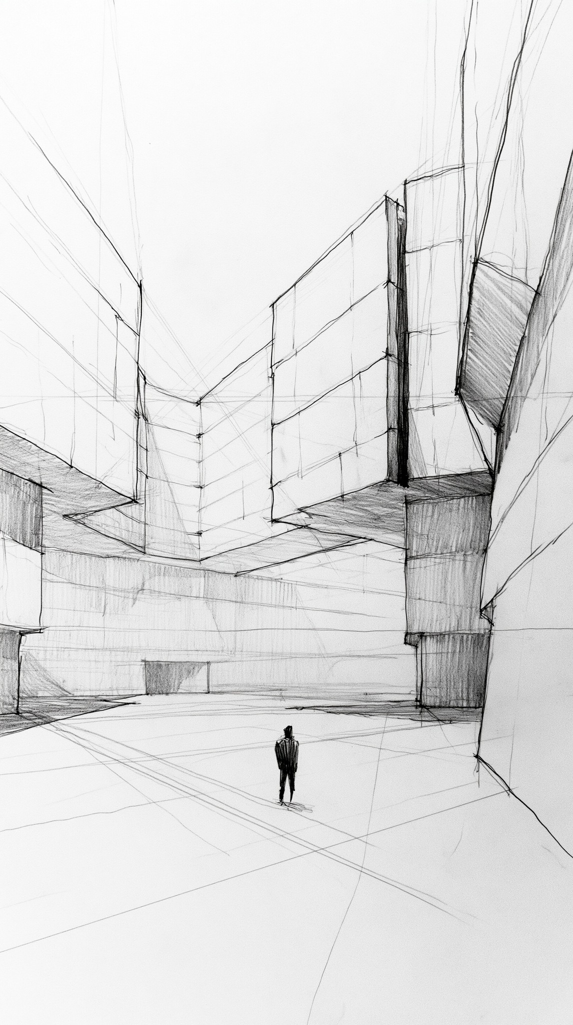loose architectural graphite sketch of a vast brutalist concrete...