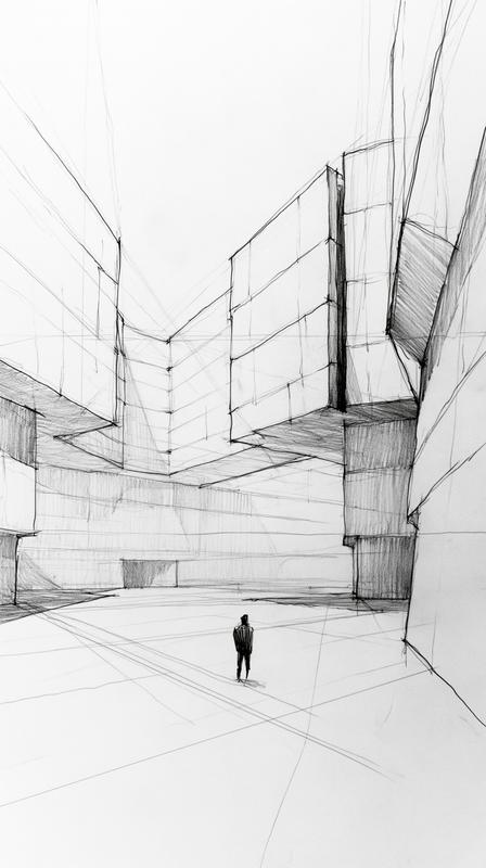 loose architectural graphite sketch of a vast brutalist concrete...