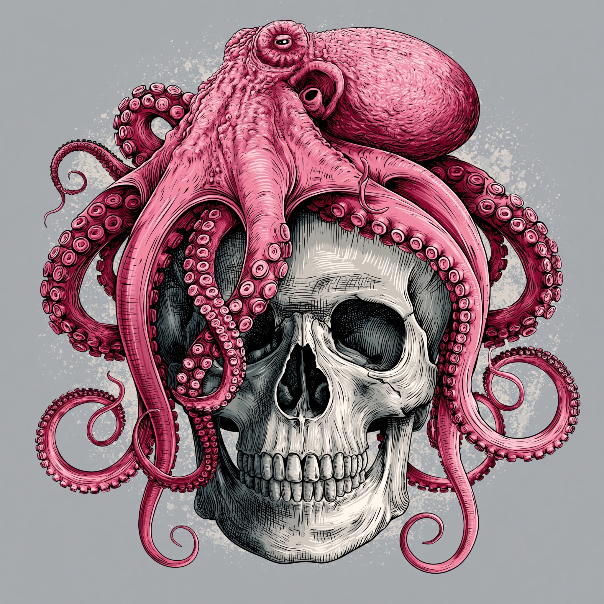 realistic illustration of a human skull and a pink...