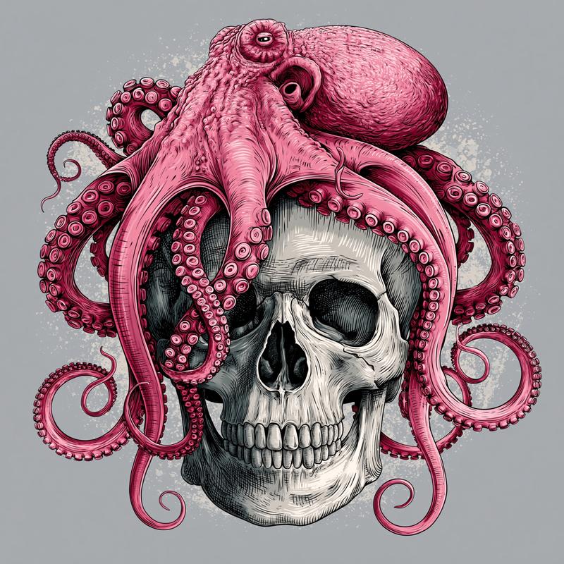 realistic illustration of a human skull and a pink...