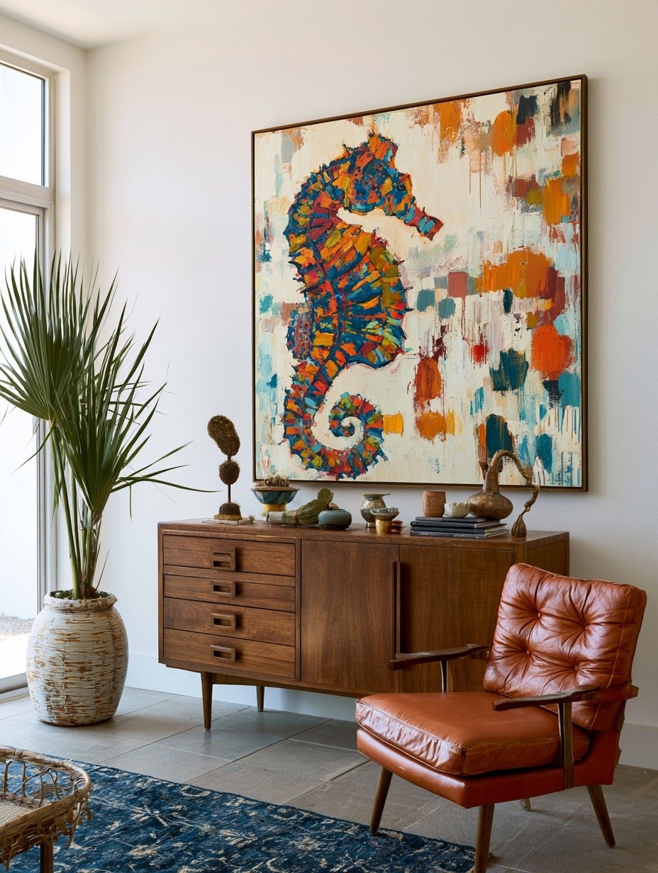 A large painting of 1 big sea horse large...