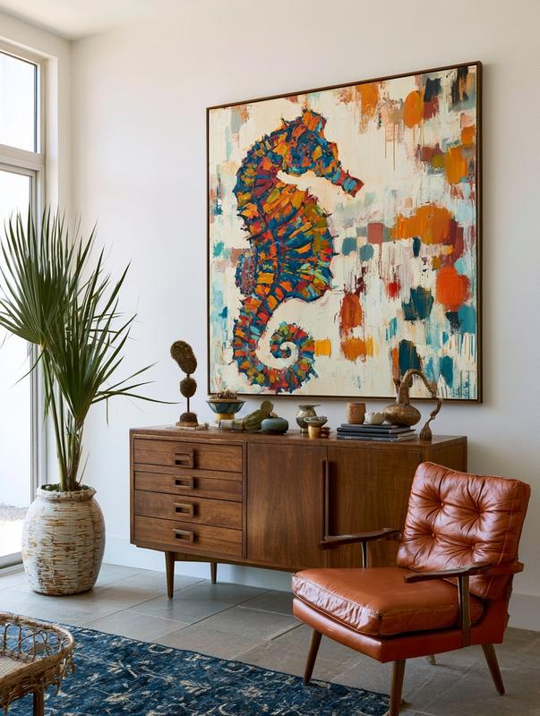 A large painting of 1 big sea horse large...