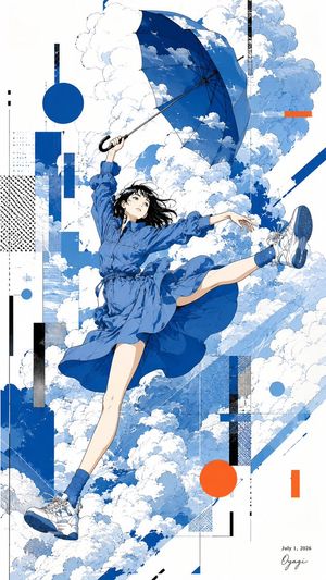 撑伞漂浮的动漫少女