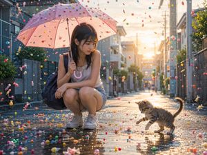 糖果雨街道与少女和小猫