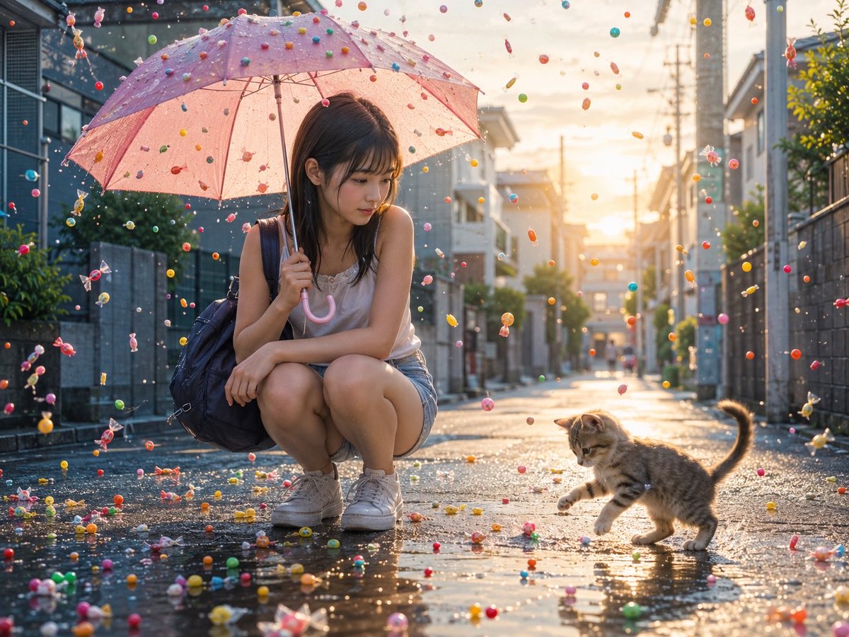 糖果雨街道与少女和小猫