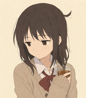 手捧茶杯的安静动漫女学生