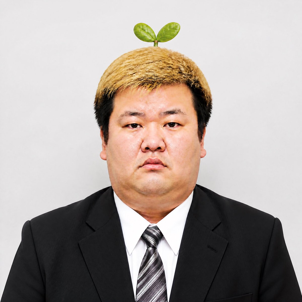 头顶嫩芽的严肃商务人士