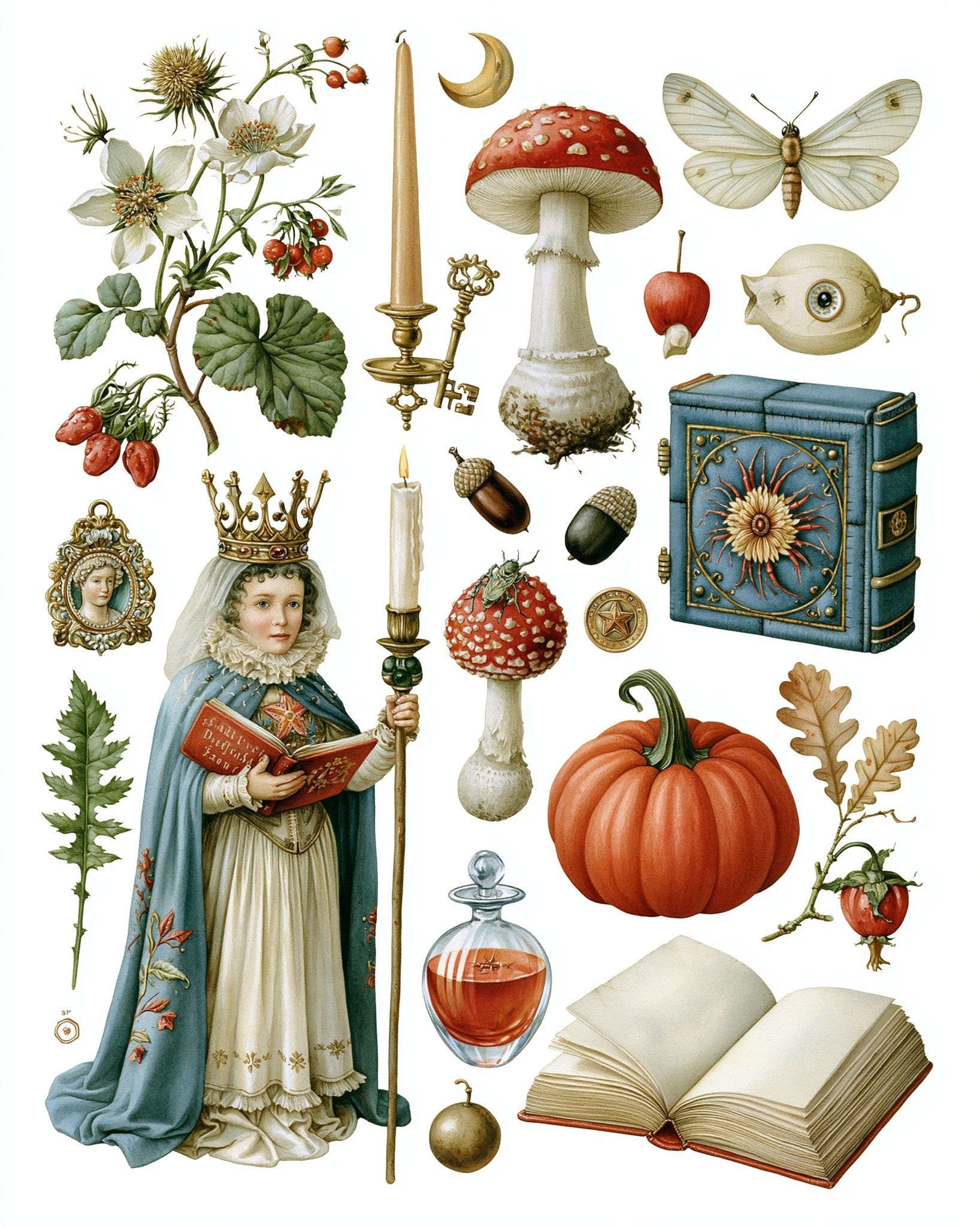 Generate a page of cottagecore Halloween botanical themed ephemera...