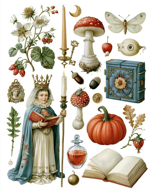 Generate a page of cottagecore Halloween botanical themed ephemera...