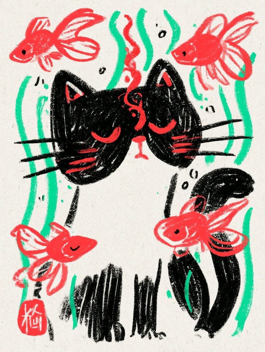 Cute cat red goldfishs swimming around cat occultism and...