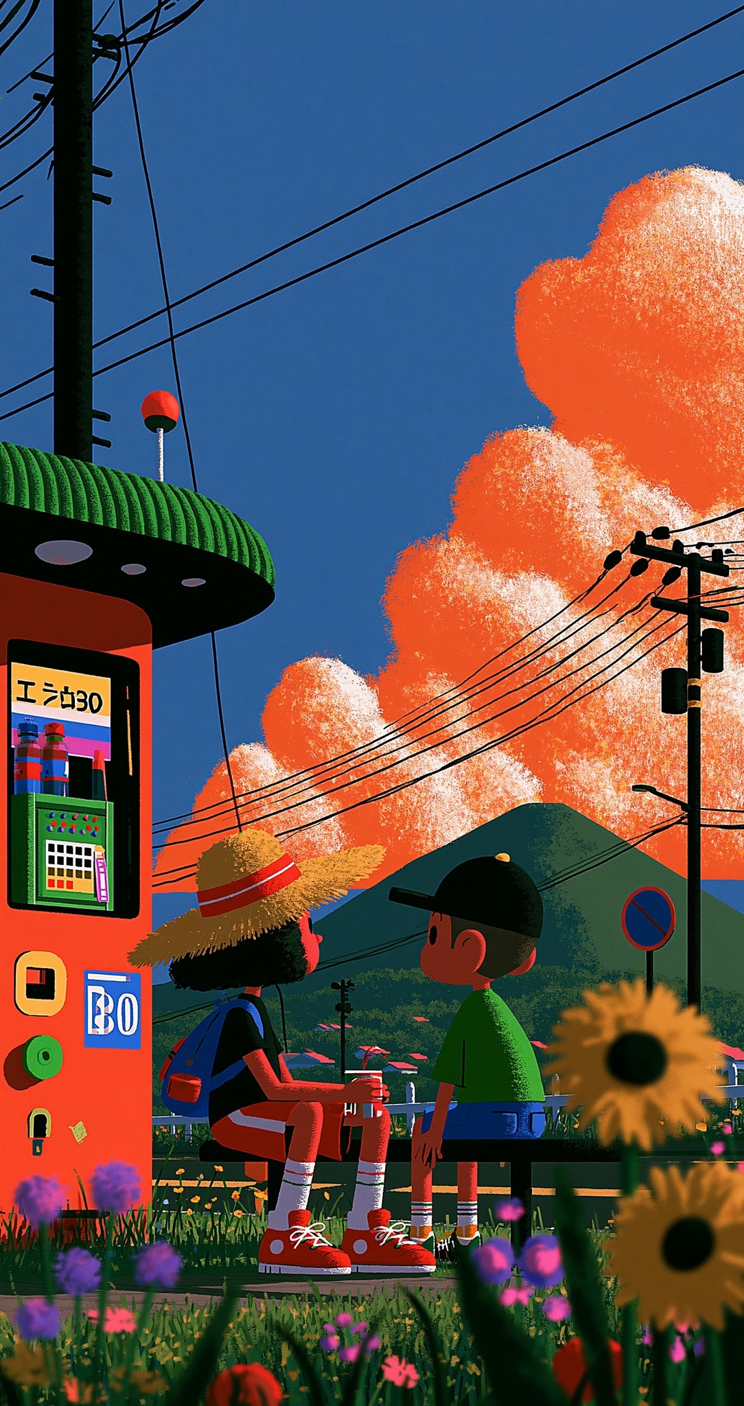 Two kids sitting outside a bus stop in a...