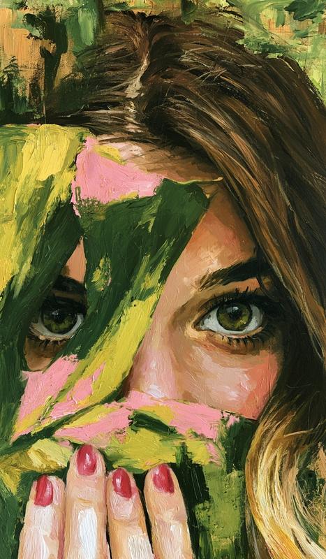 a close up portrait painting showing a woman's eyes...
