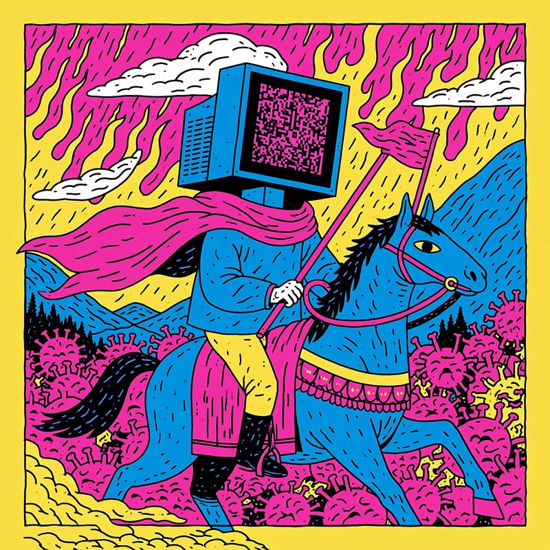 An apocalyptic horseman of pestilence virus with a monitor...