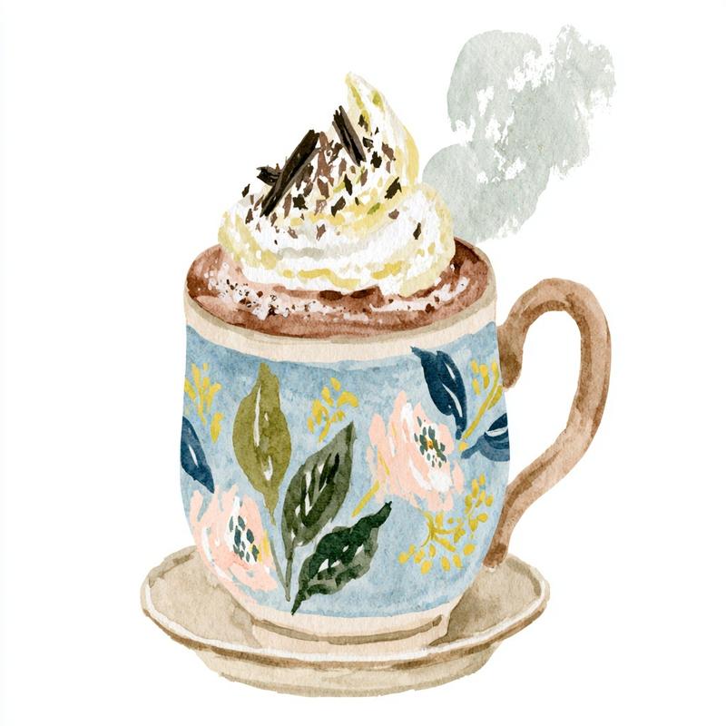 Flat 2D vintage watercolor clipart of a hot chocolate...