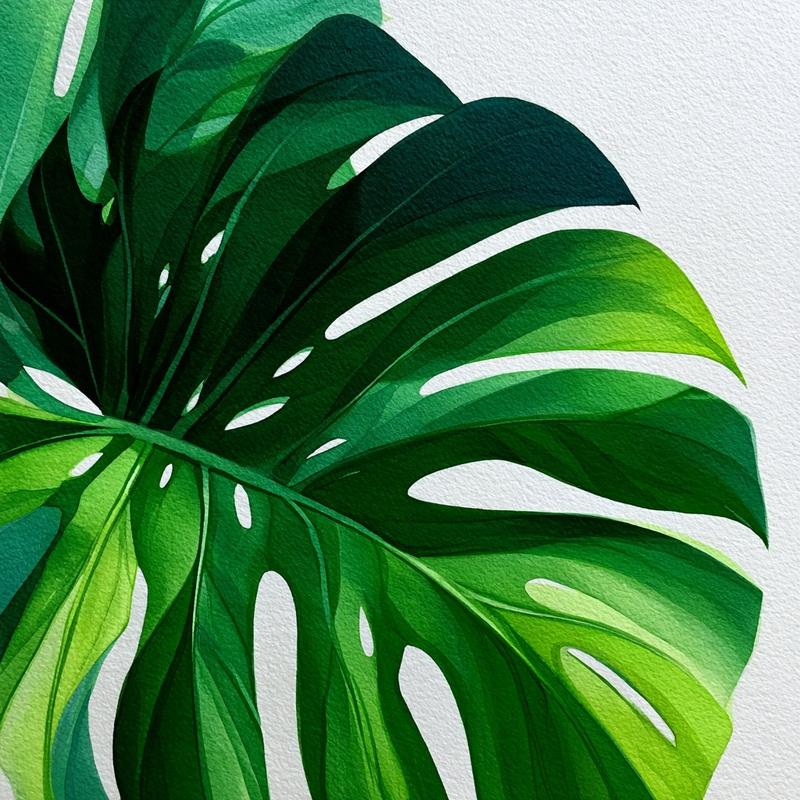 Watercolor painting of a single monstera leaf with natural...