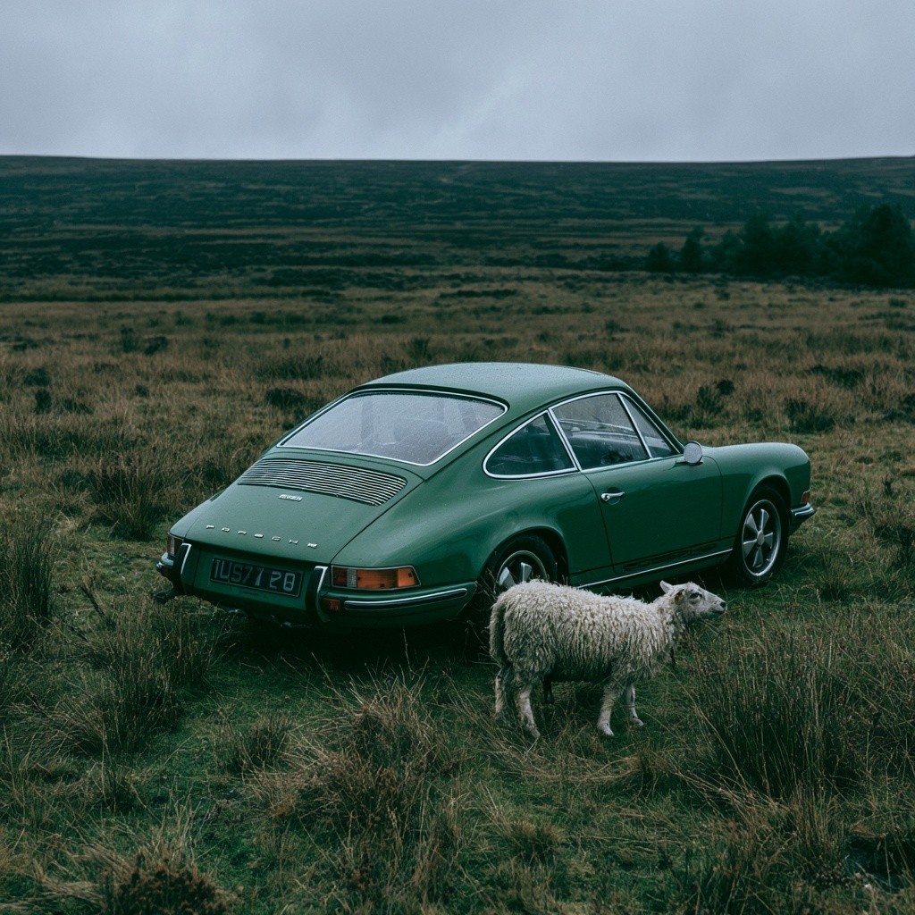vintage green Porsche 911 in empty farm field facing...