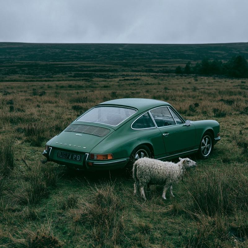 vintage green Porsche 911 in empty farm field facing...