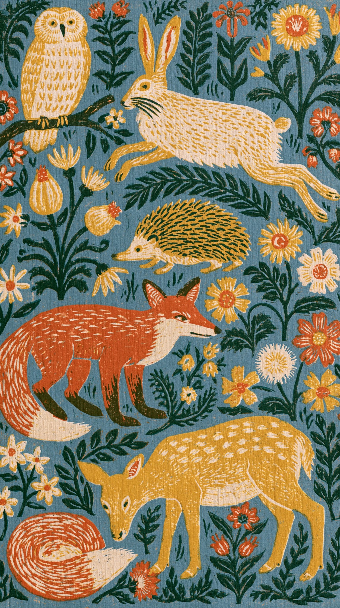 Hand-carved woodblock print of woodland creatures among wildflowers...