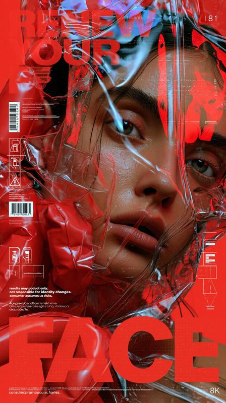 Dystopian luxury advertising poster bold red monochrome graphic design...