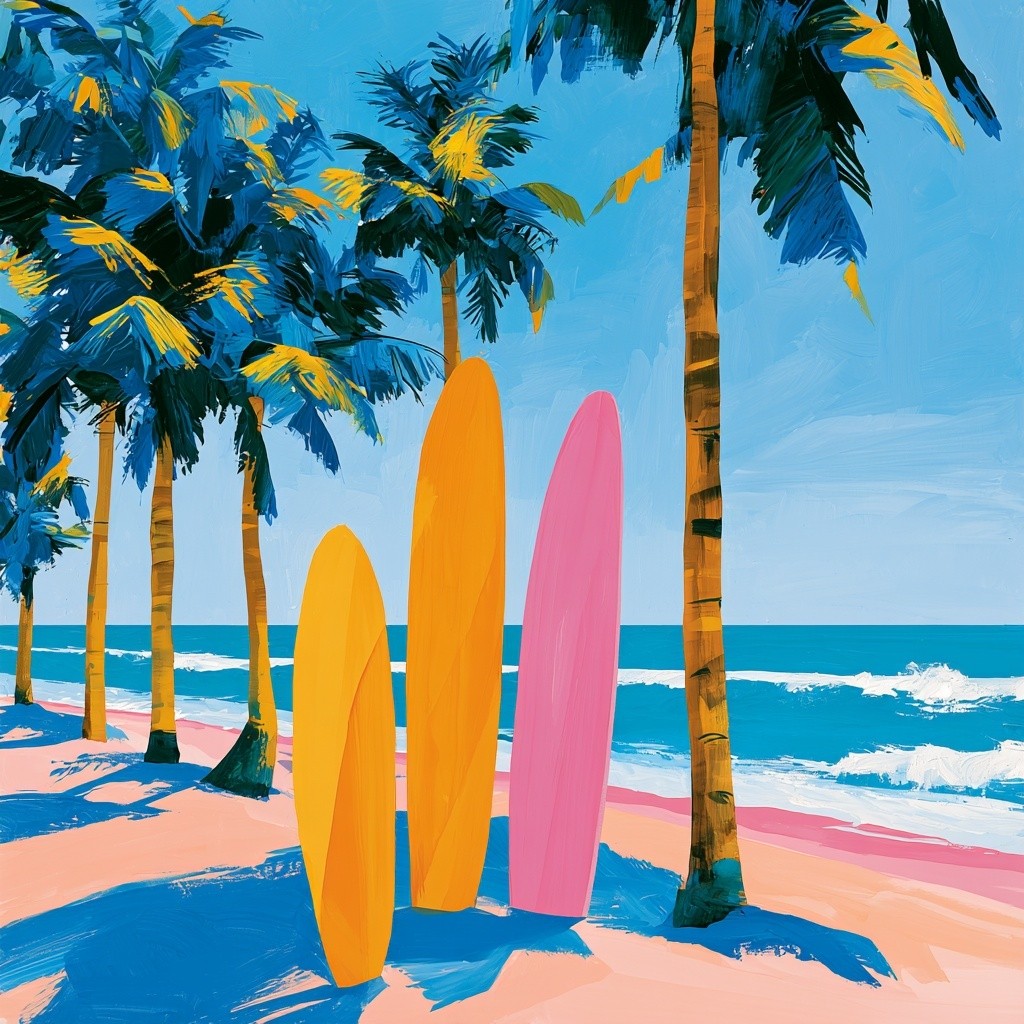 Tres tablas de surf longboards paradas en una playa...
