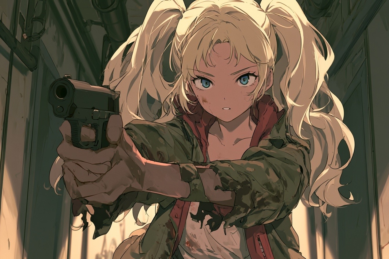 anime illustration young girl in scorched and torn field...