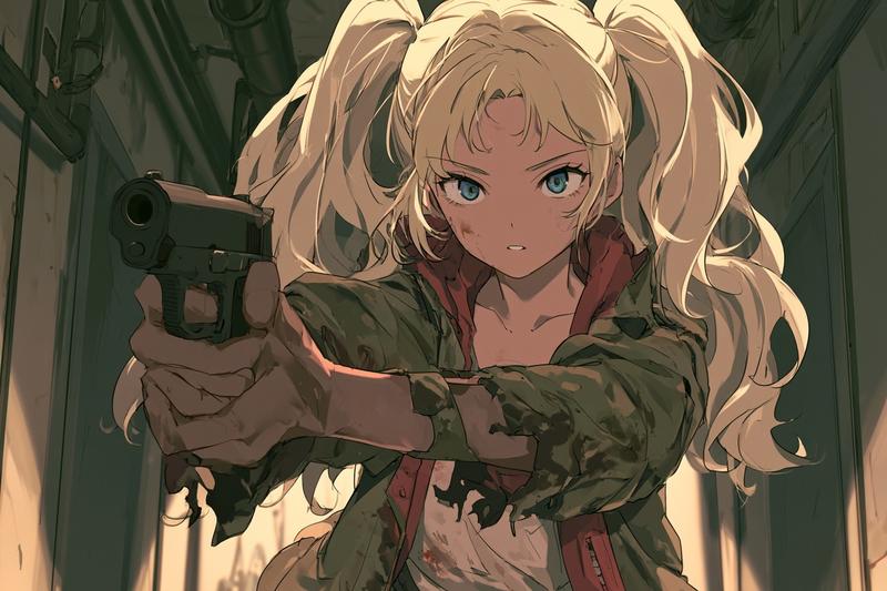 anime illustration young girl in scorched and torn field...