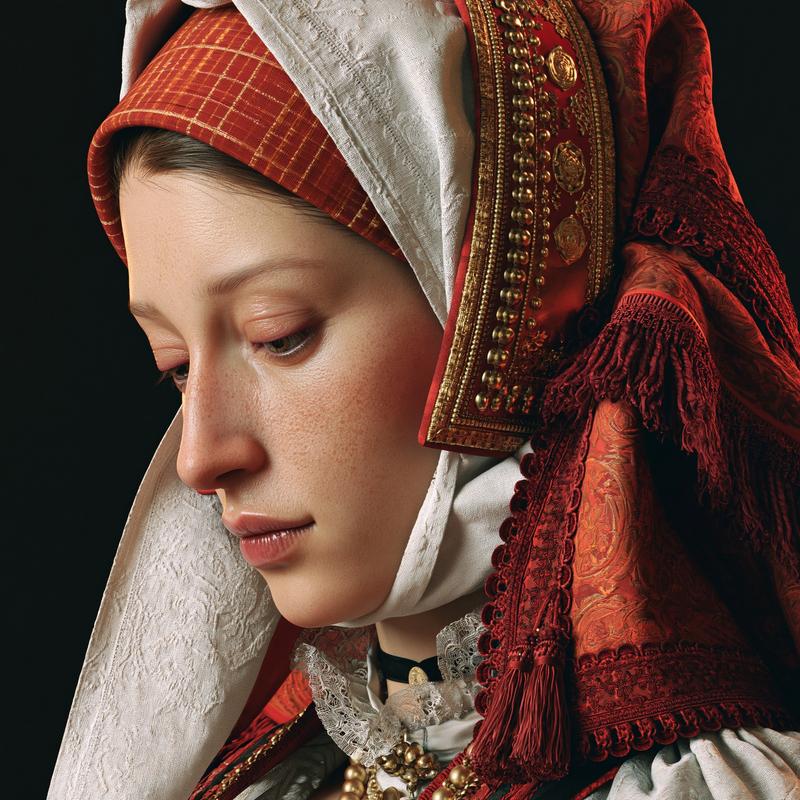 Photorealistic traditional sardegnan woman slightly facing side ways eyes...