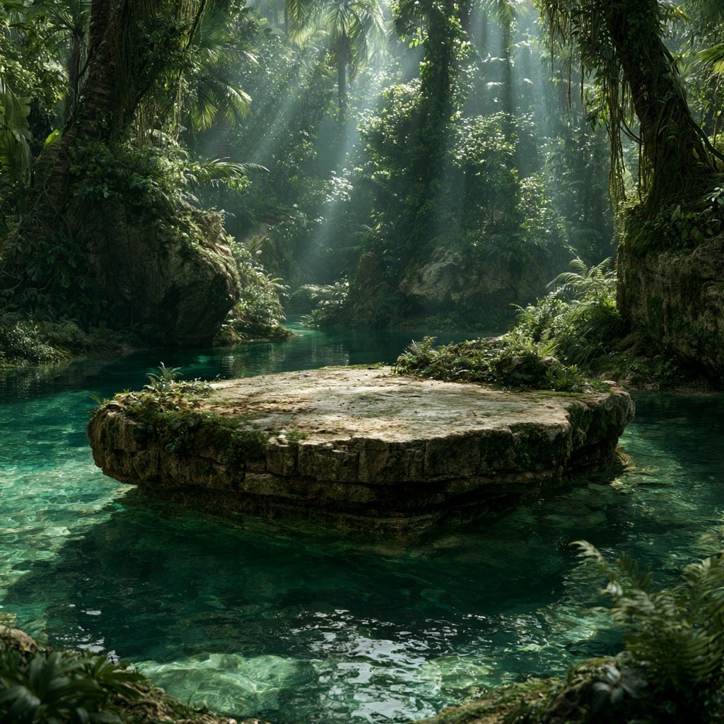 Hidden tropical rainforest floating limestone island covered with moss...