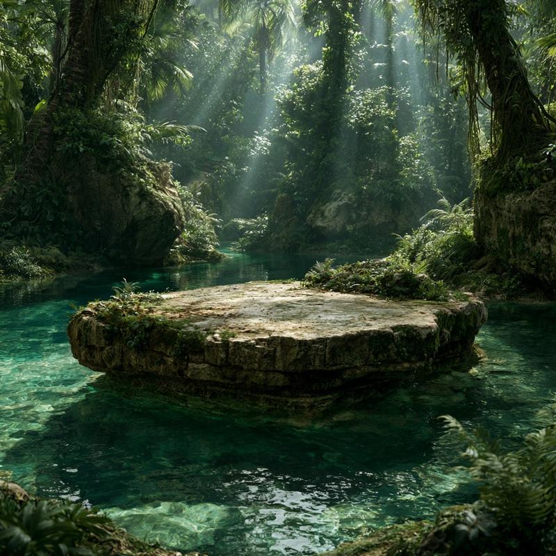 Hidden tropical rainforest floating limestone island covered with moss...