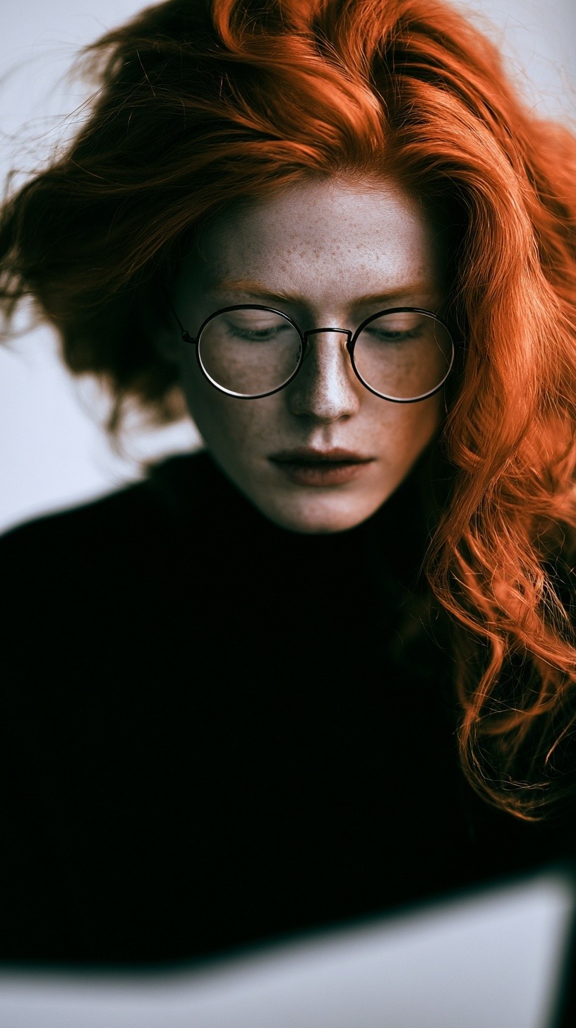 High-end marketing concept photo of red hair woman with...