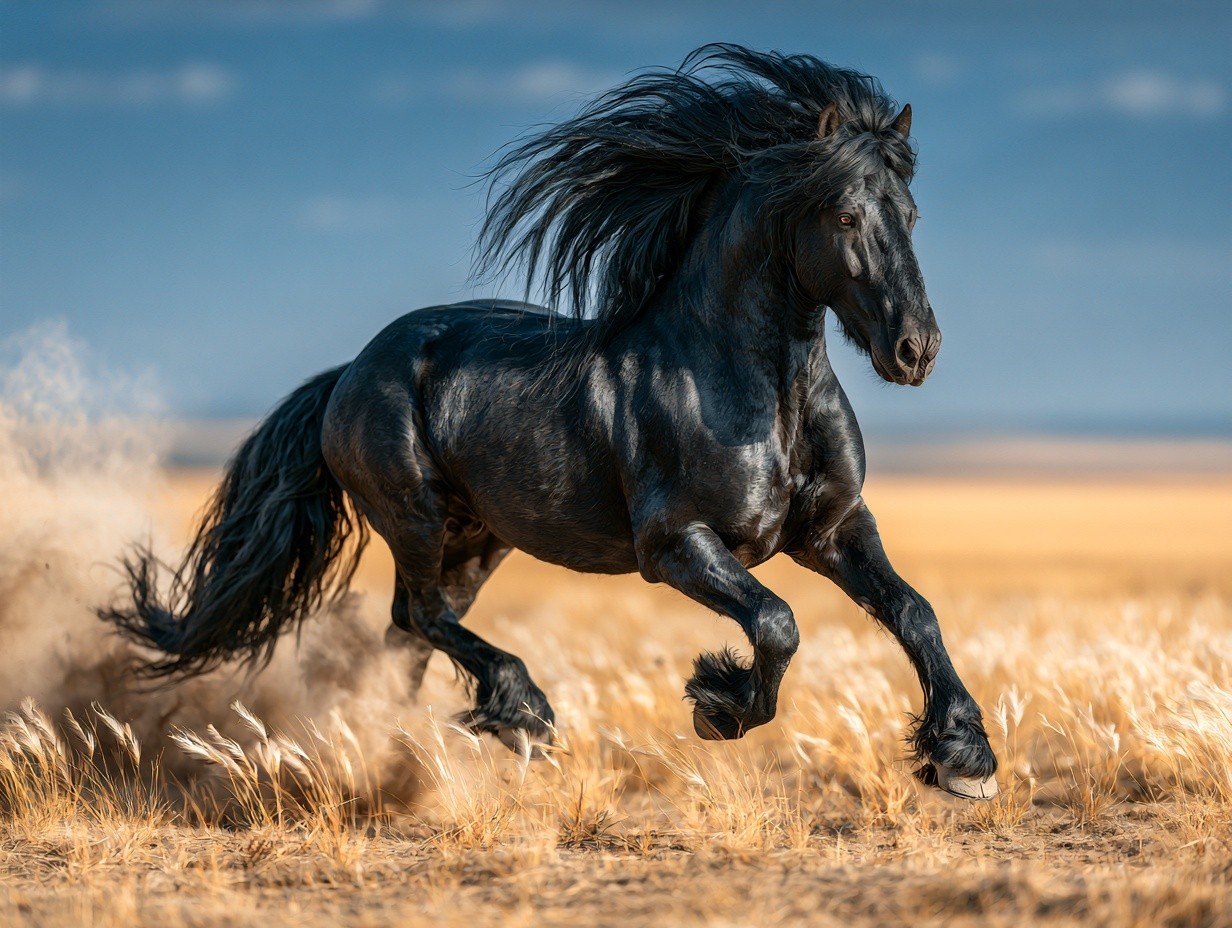 Photorealistic shot majestic black stallion galloping at full speed...