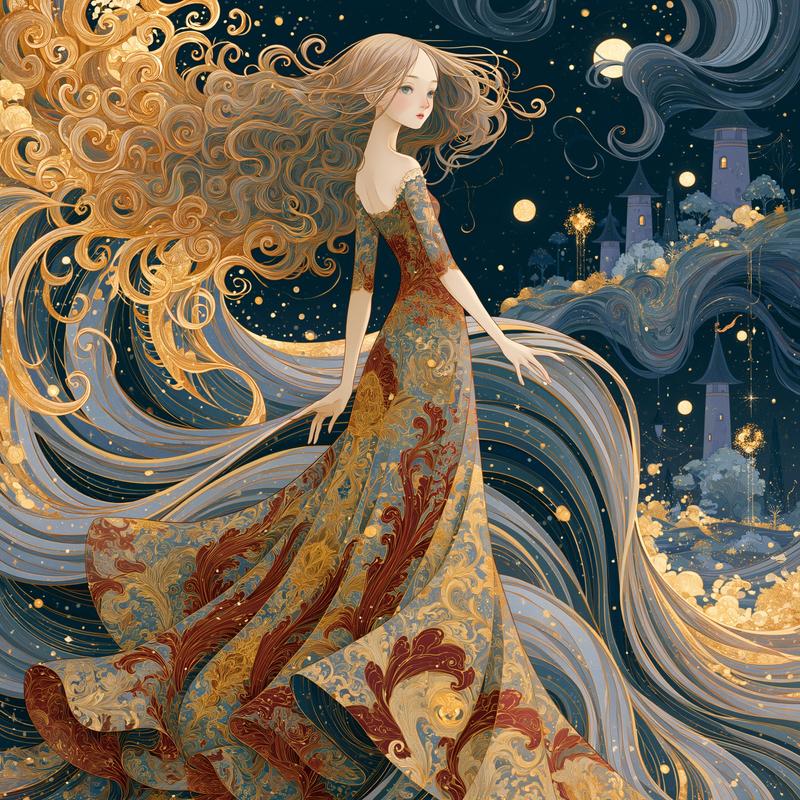 An enchanting Art Nouveau-style illustration of an ethereal woman...