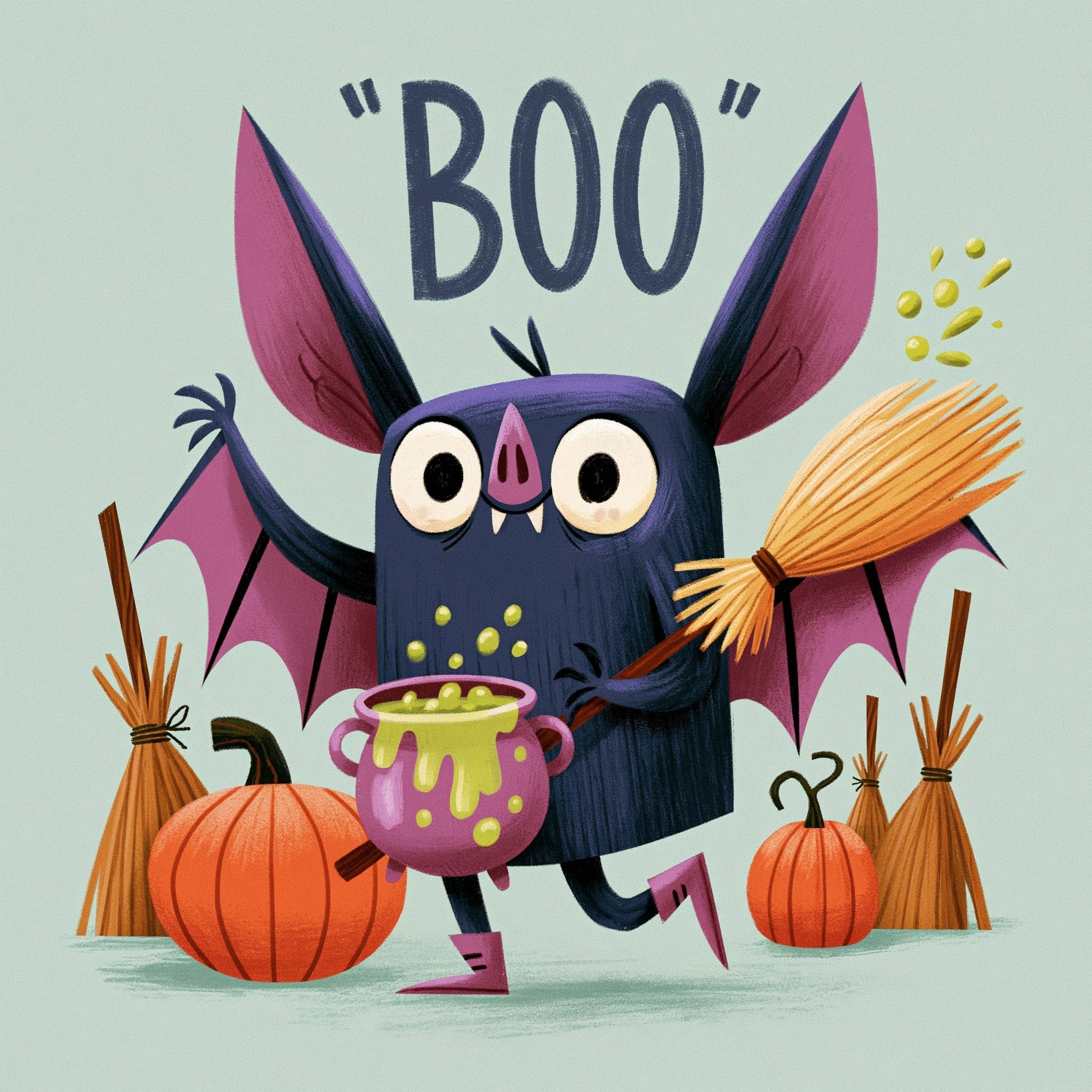 bat with broom filled with green bubbling liquid surrounded...