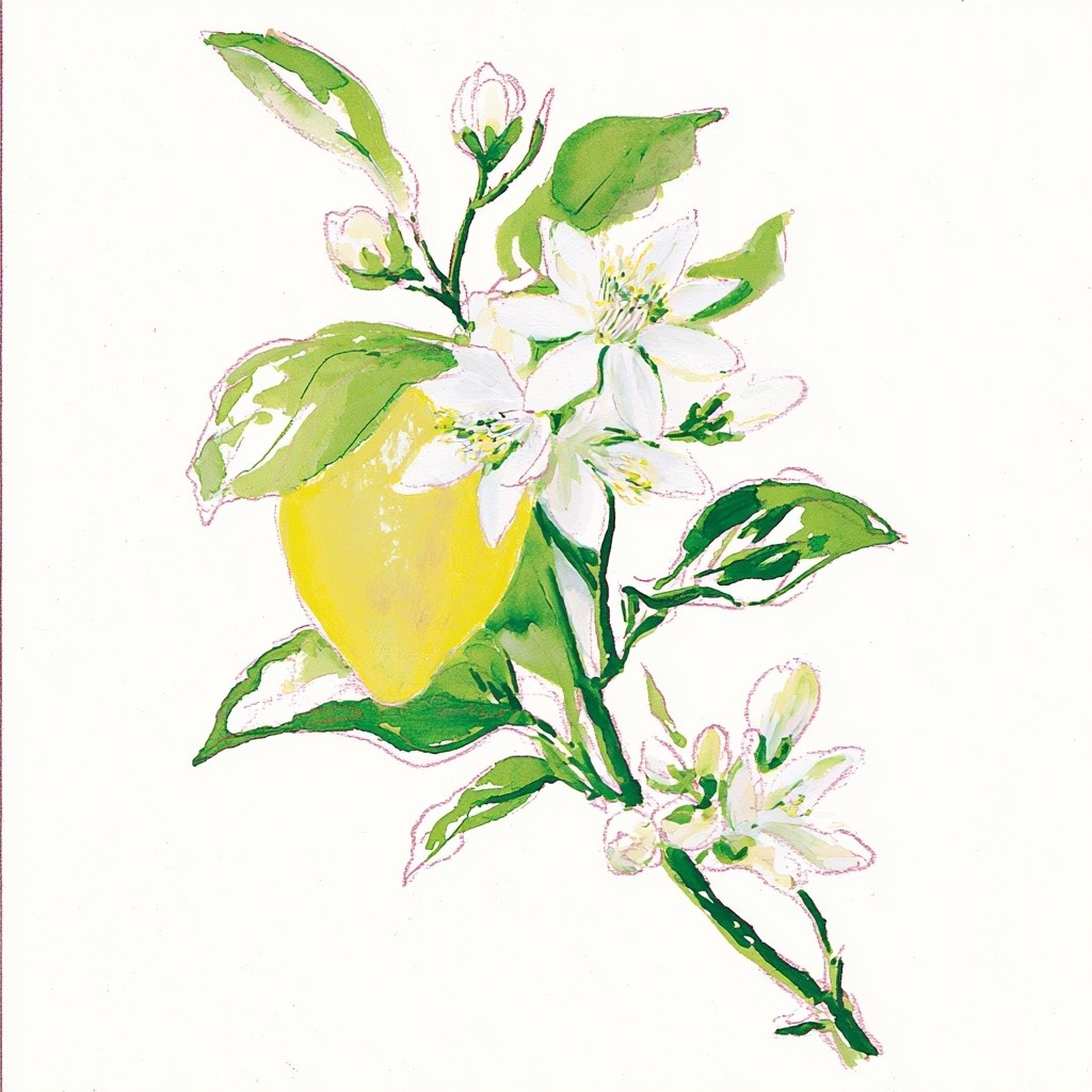 A graceful lemon branch with one ripe yellow lemon...